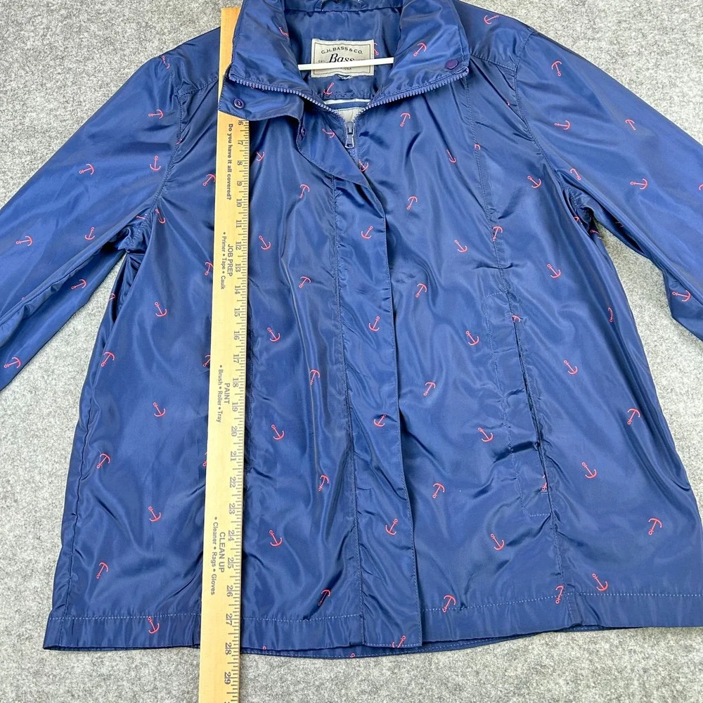 GH Bass Coastal Navy Blue Red Anchor Preppy Jacket Packable Hood Womens L